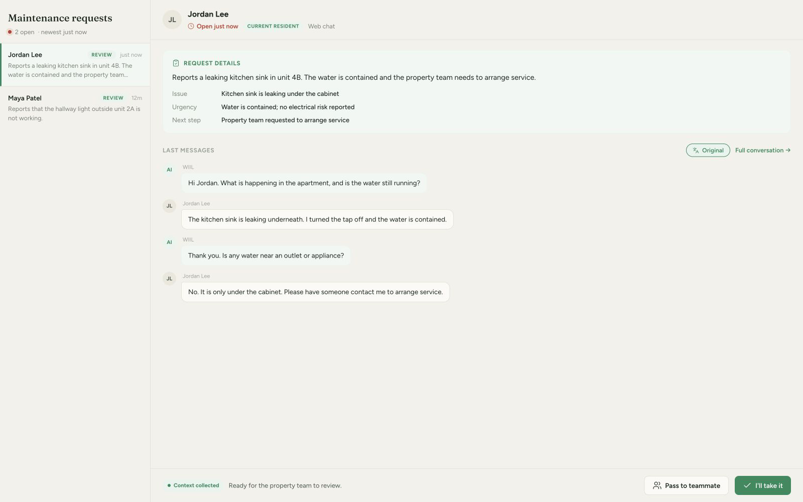 WIIL maintenance request workflow showing issue context and conversation