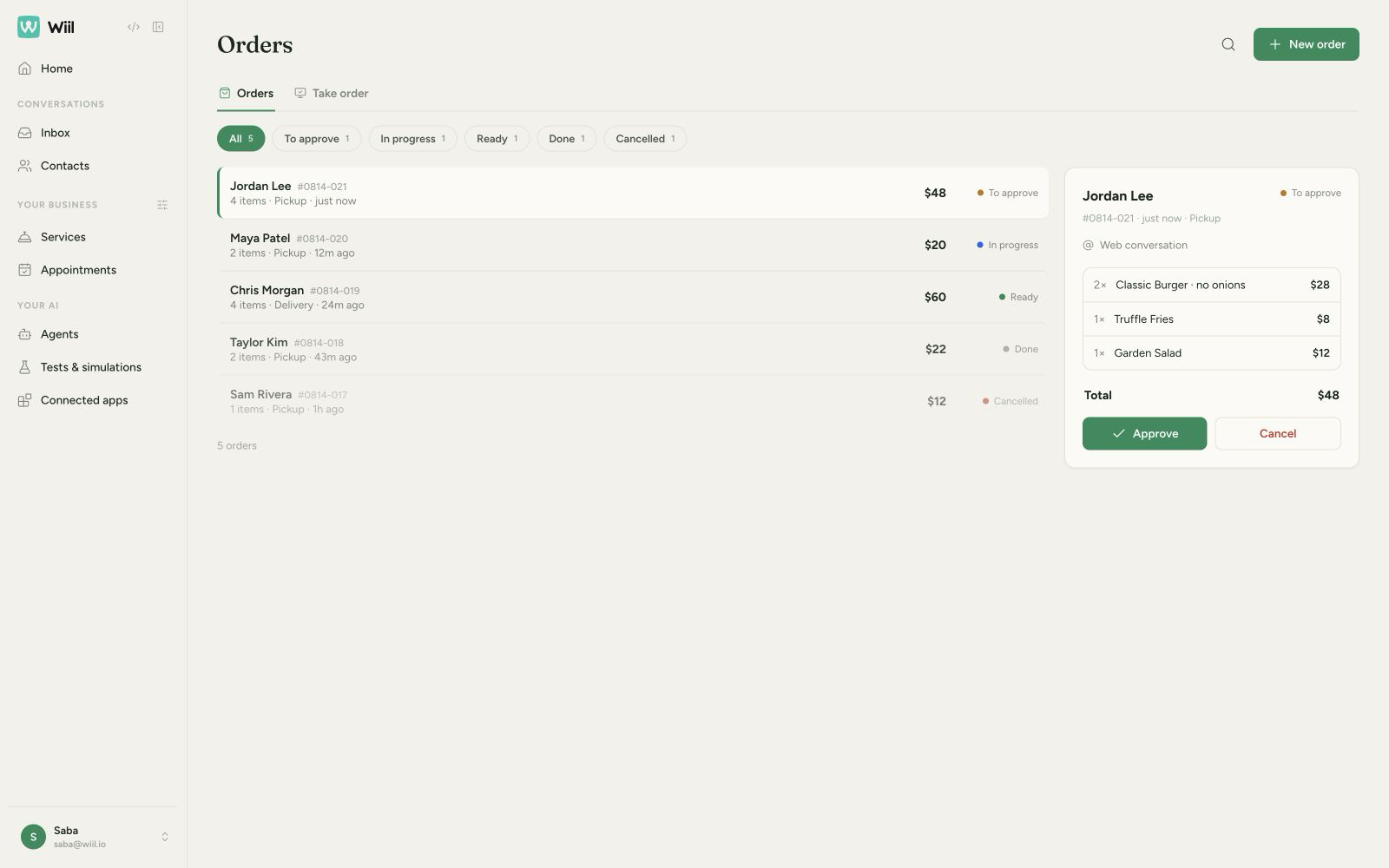 Itemized restaurant order with customer details, options, total, pickup time, and status