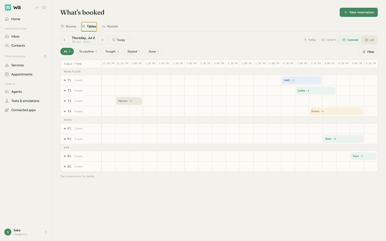 Restaurant reservation board showing confirmed tables, times, party sizes, and status