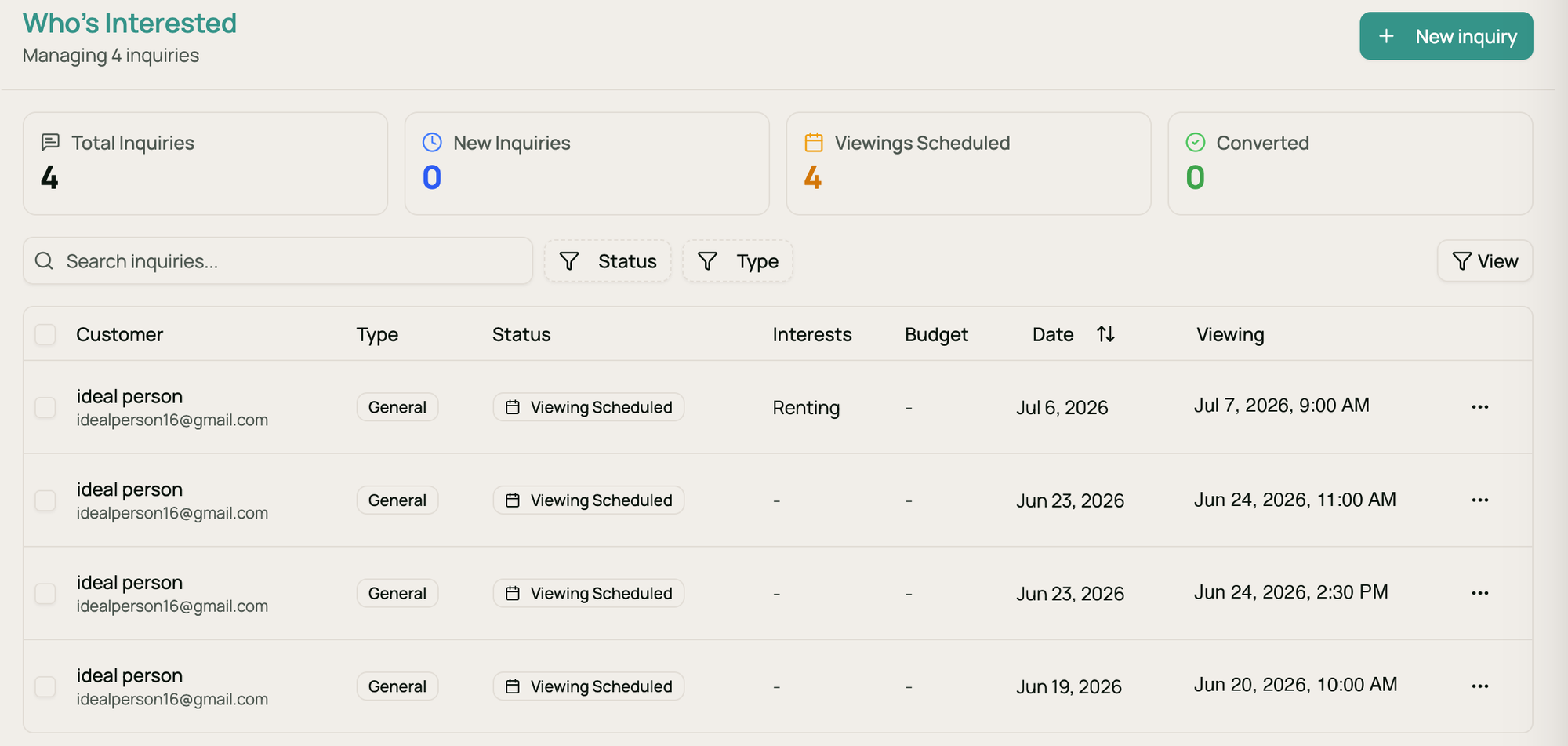 The WIIL inquiry view showing demo customers, inquiry statuses, and scheduled viewing times